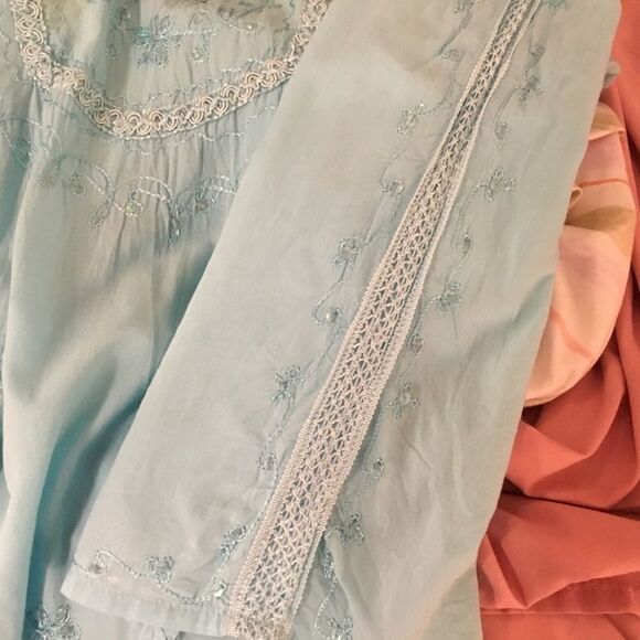 Double Decker Women’s Size Plus Light Turquoise Tunic Top with Embroidery Detail - Picture 10 of 11